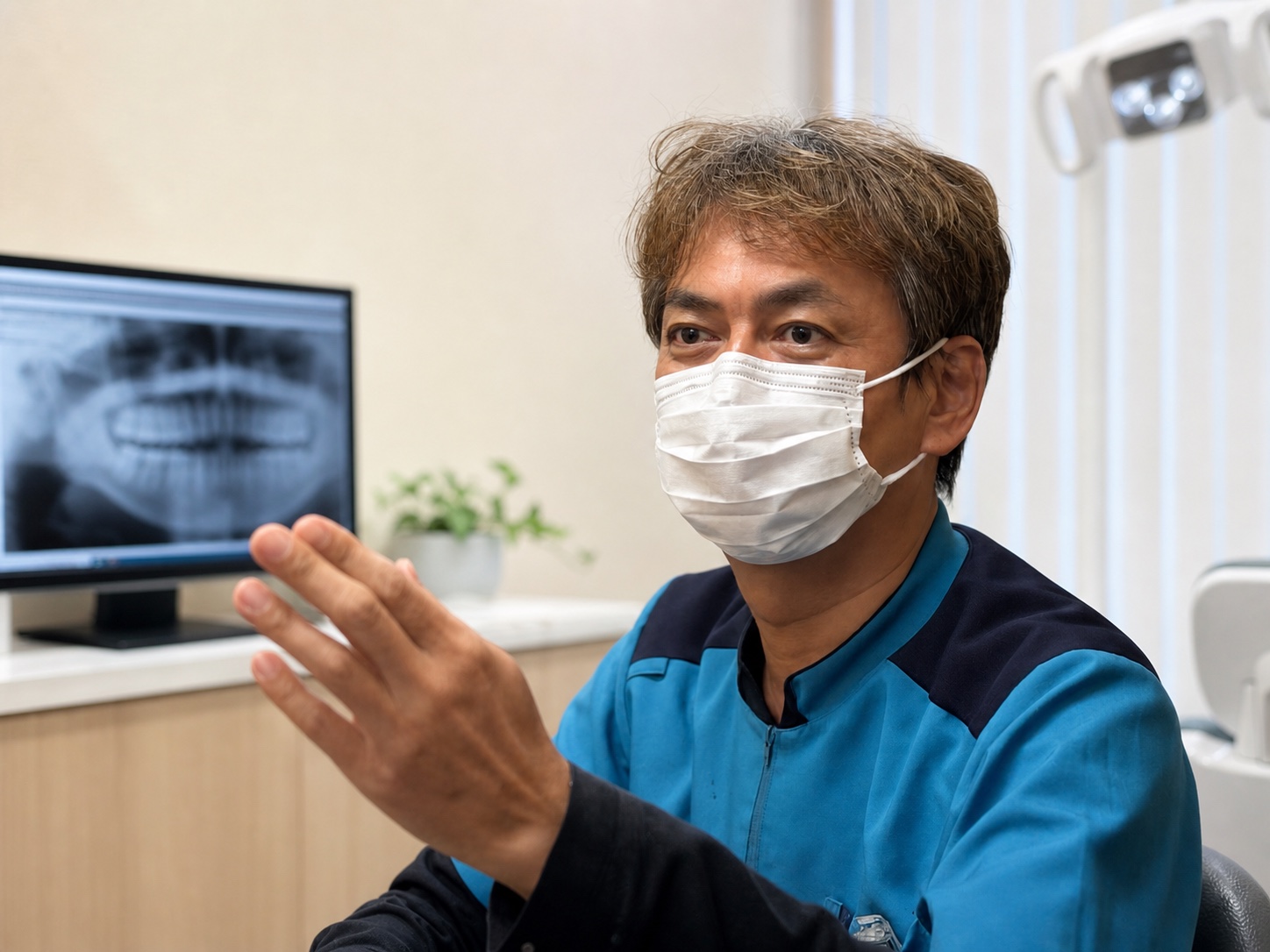 CT画像を背景に説明する柳下歯科の院長